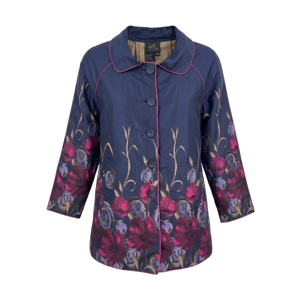 NWOT UBU Reversible Floral Rain Jacket Navy‎ Blue Taupe Button Front PM N0921B